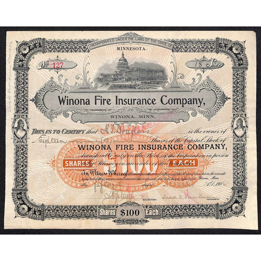 Winona Fire Insurance Co. Minnesota 1906 Stock Certificate H.T. Douglass Scarce