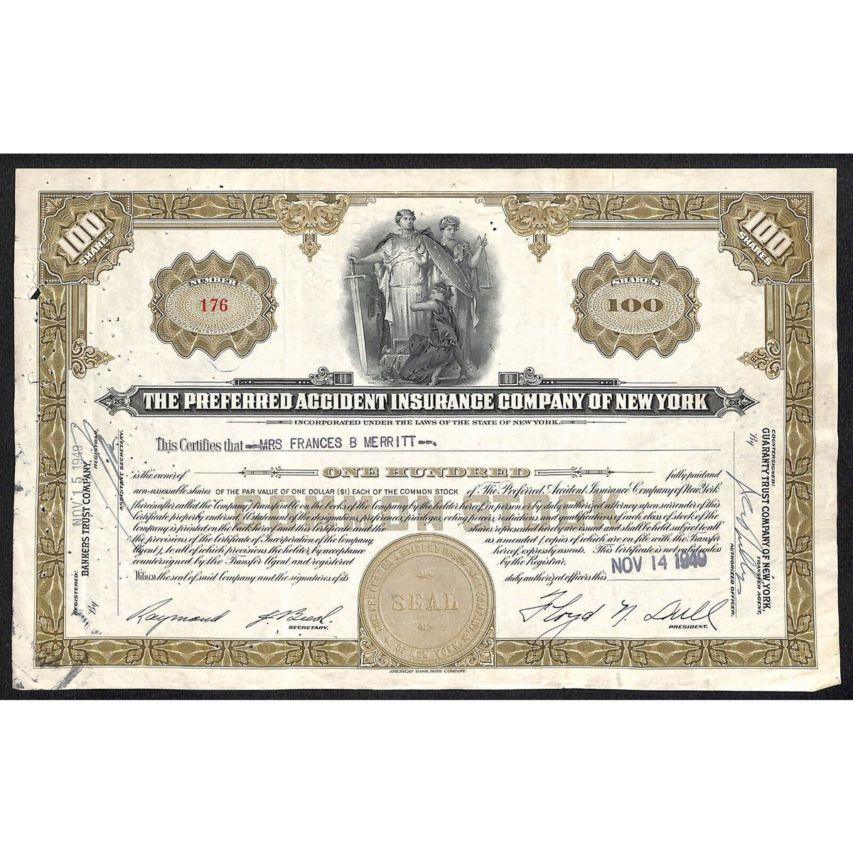 Preferred Accident Insurance of NY 1949 Stock Certificate to Francis B. Merritt