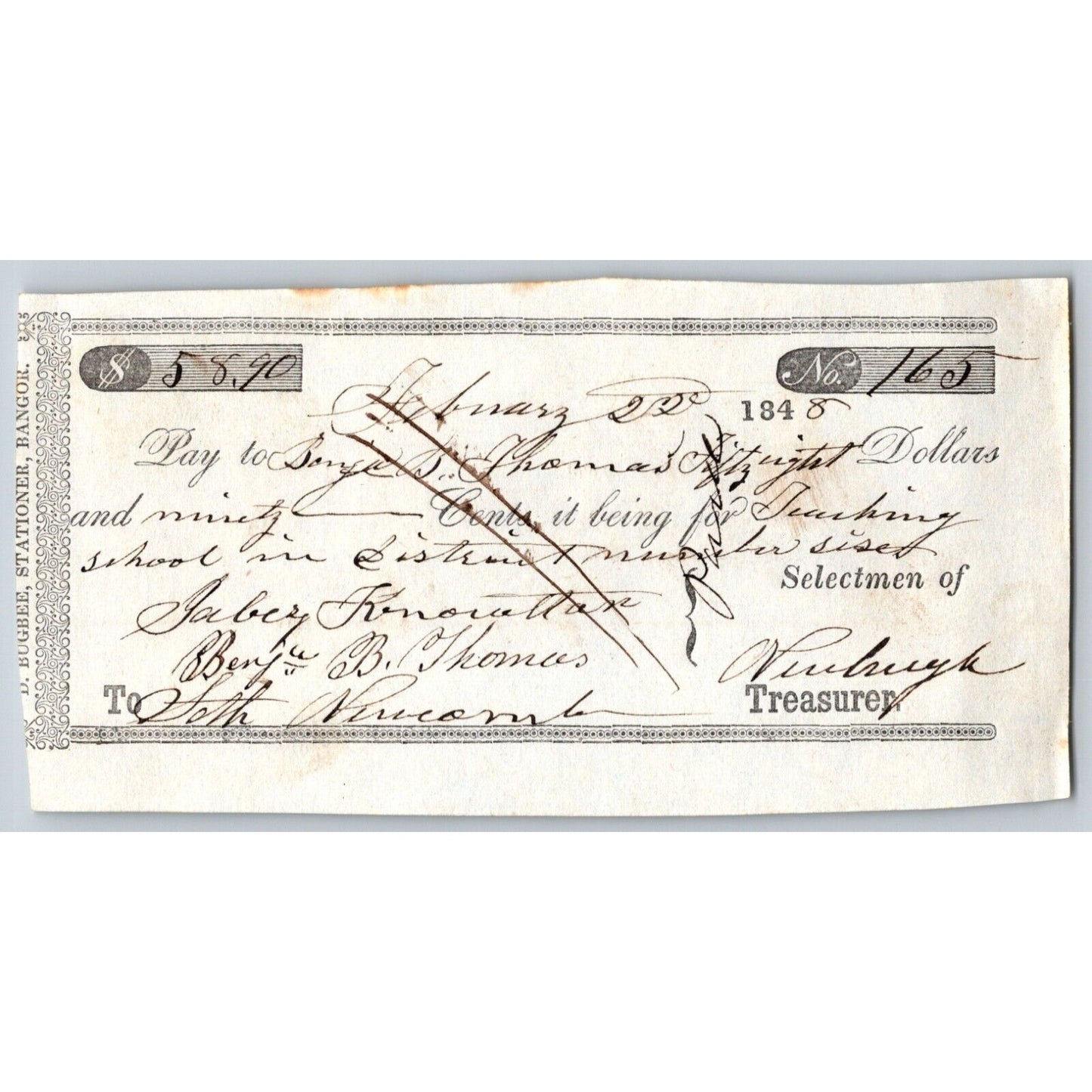 1845 Jabez Knowlton* Newburgh ME Town Check to Benjamin Thomas for Teaching