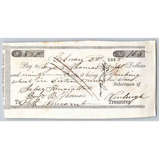 1845 Jabez Knowlton* Newburgh ME Town Check to Benjamin Thomas for Teaching