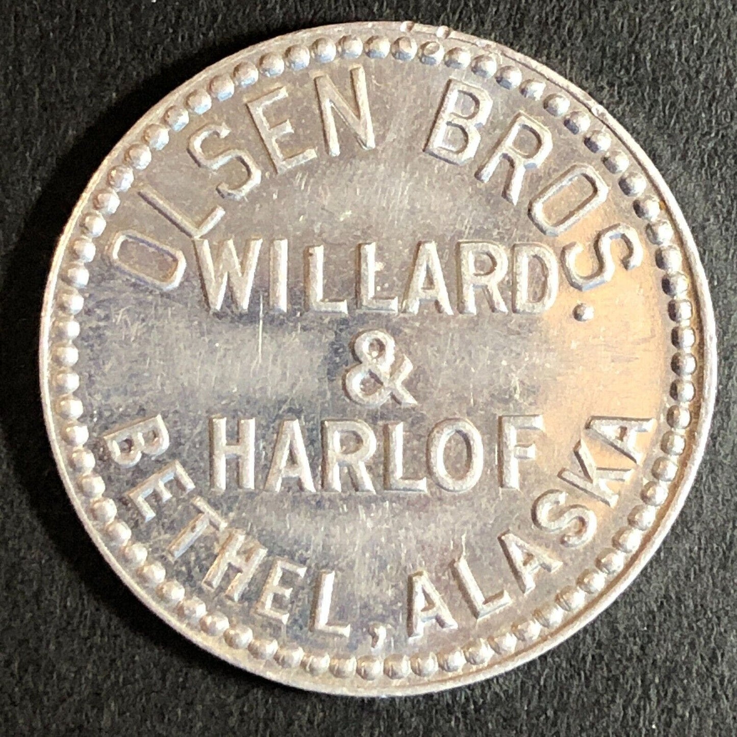Bethel, AK Wilson Bros. Willard & Harlof Furs Alum G/F 25c Token 26mm c1940