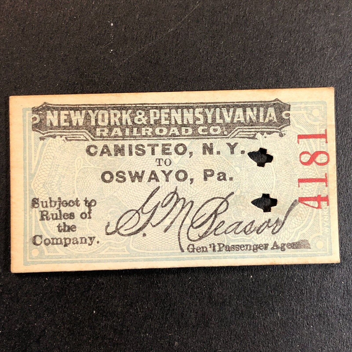 New York & Pennsylvania Railroad July 6 1917 Oswayo Ticket #4181 Scarce