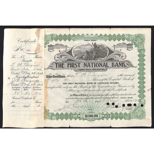 First National Bank of Lovelock, NV 1913 Stock Certificate to T.N. Boyer ?