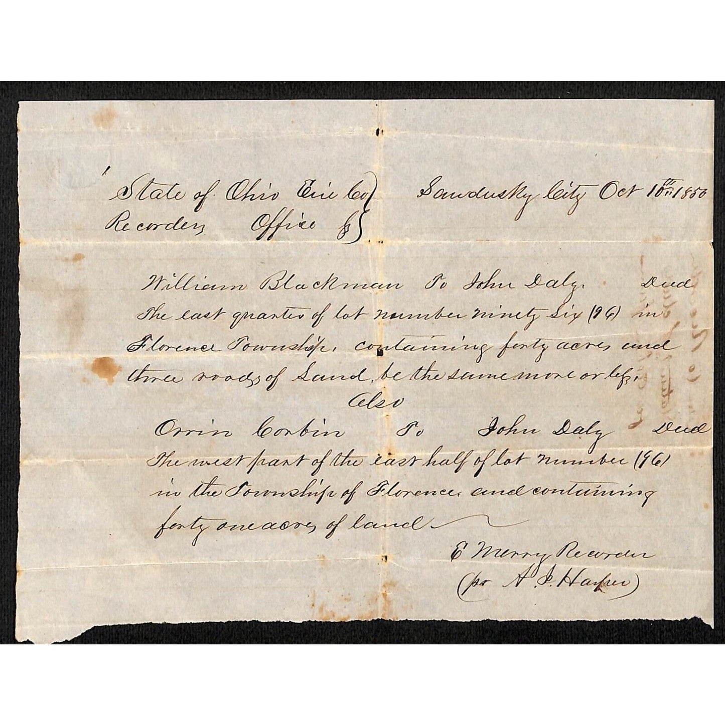 1850 State of Ohio Erie County Sandusky Recording Office Doc. 40 Acres of Land