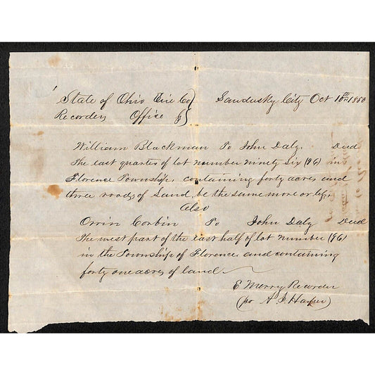 1850 State of Ohio Erie County Sandusky Recording Office Doc. 40 Acres of Land