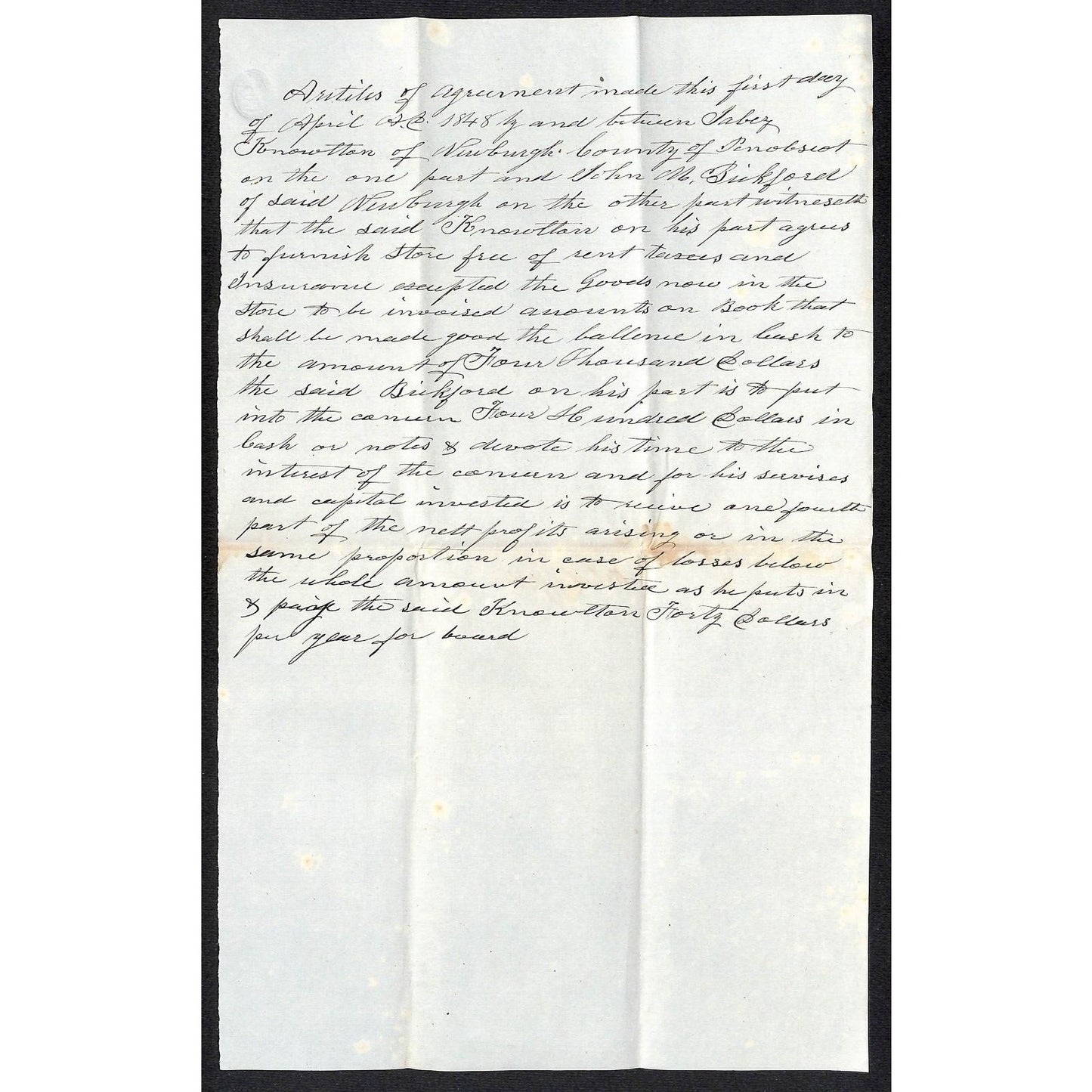 1848 Jabez Knowlton* / John M. Bickford Newburgh, ME Business Agreements (2)