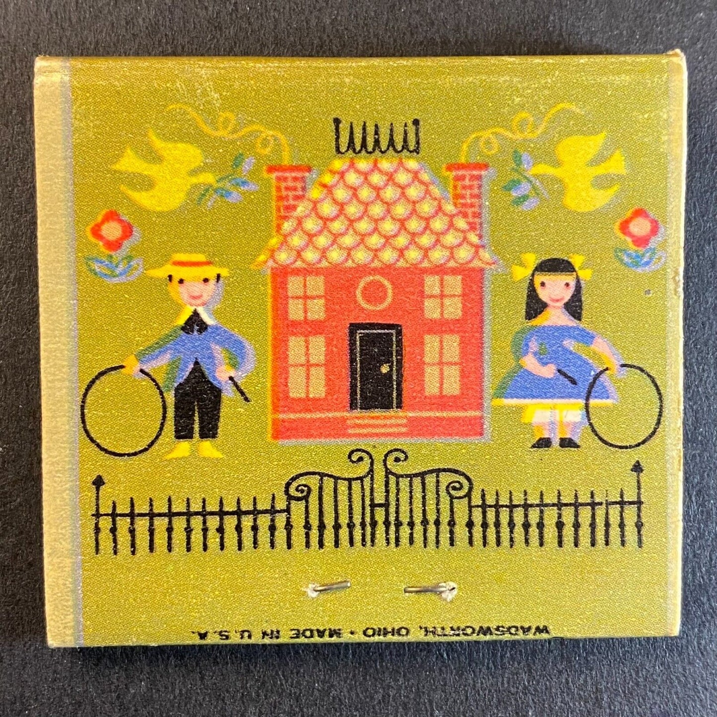 Boy Girl 1880's Hoop Rolling in Yard Near House Full Matchbook c1960's VGC