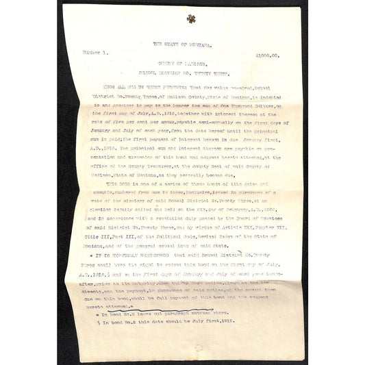 Montana Madison County School District 23 $1,000 Bond Document 3pp 1918