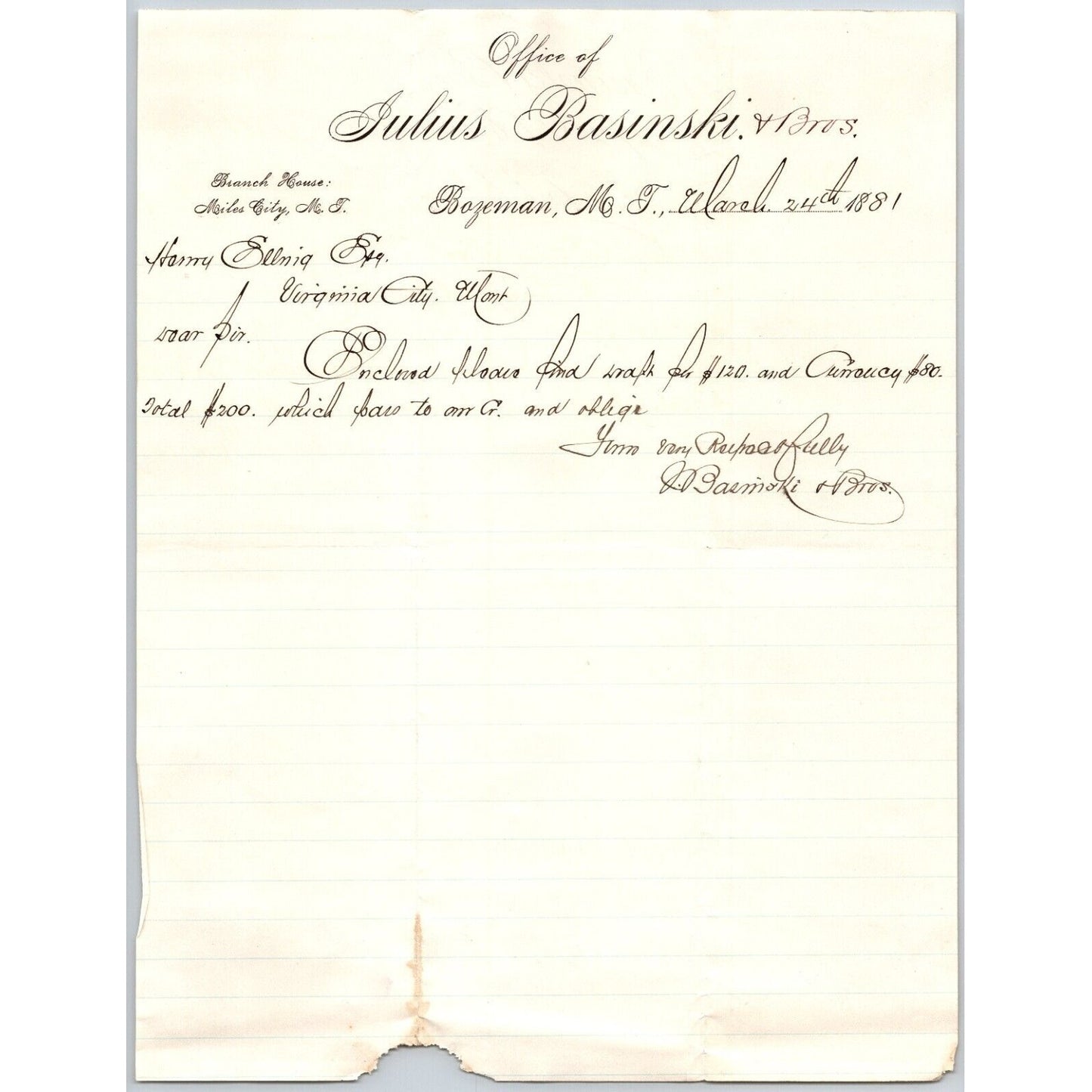 Julius Basinski (Stationers) Bozeman, MT 3/24 1881 ALS Letterhead Henry Elling*