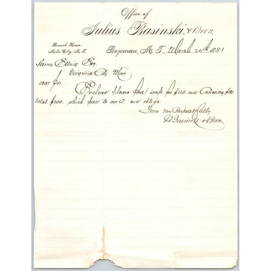 Julius Basinski (Stationers) Bozeman, MT 3/24 1881 ALS Letterhead Henry Elling*