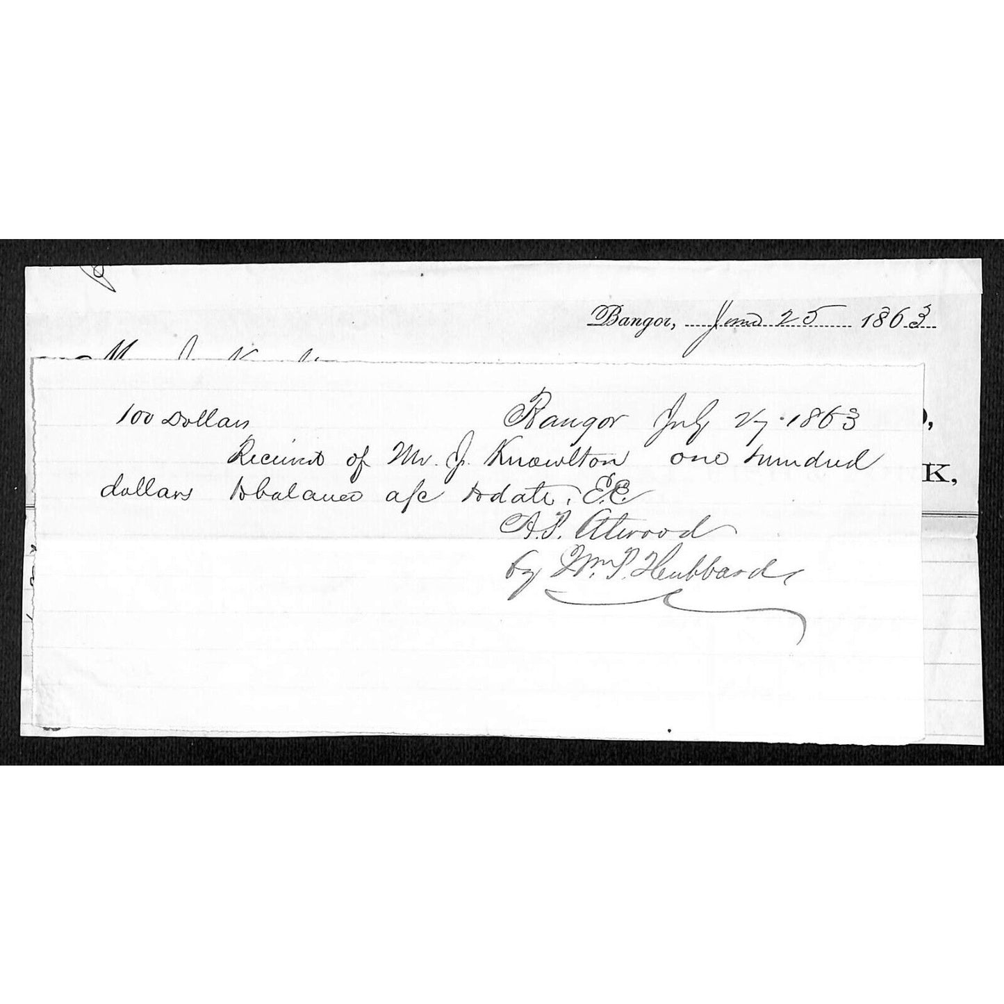 1863 Jabez Knowlton* Newburgh ME A.P. Atwood Bangor Billhead w/ Affixed Receipt