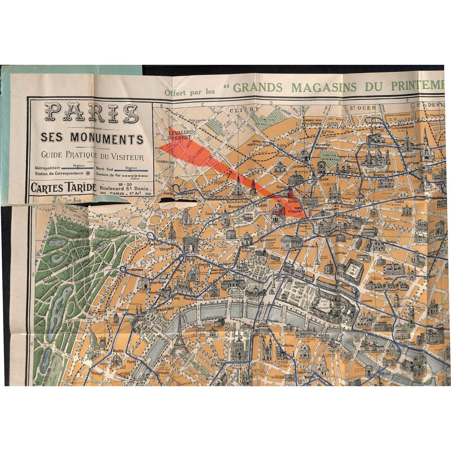 Printemps Department Stores w/ 22" x 28" Paris Monuments & Guide Map c1925
