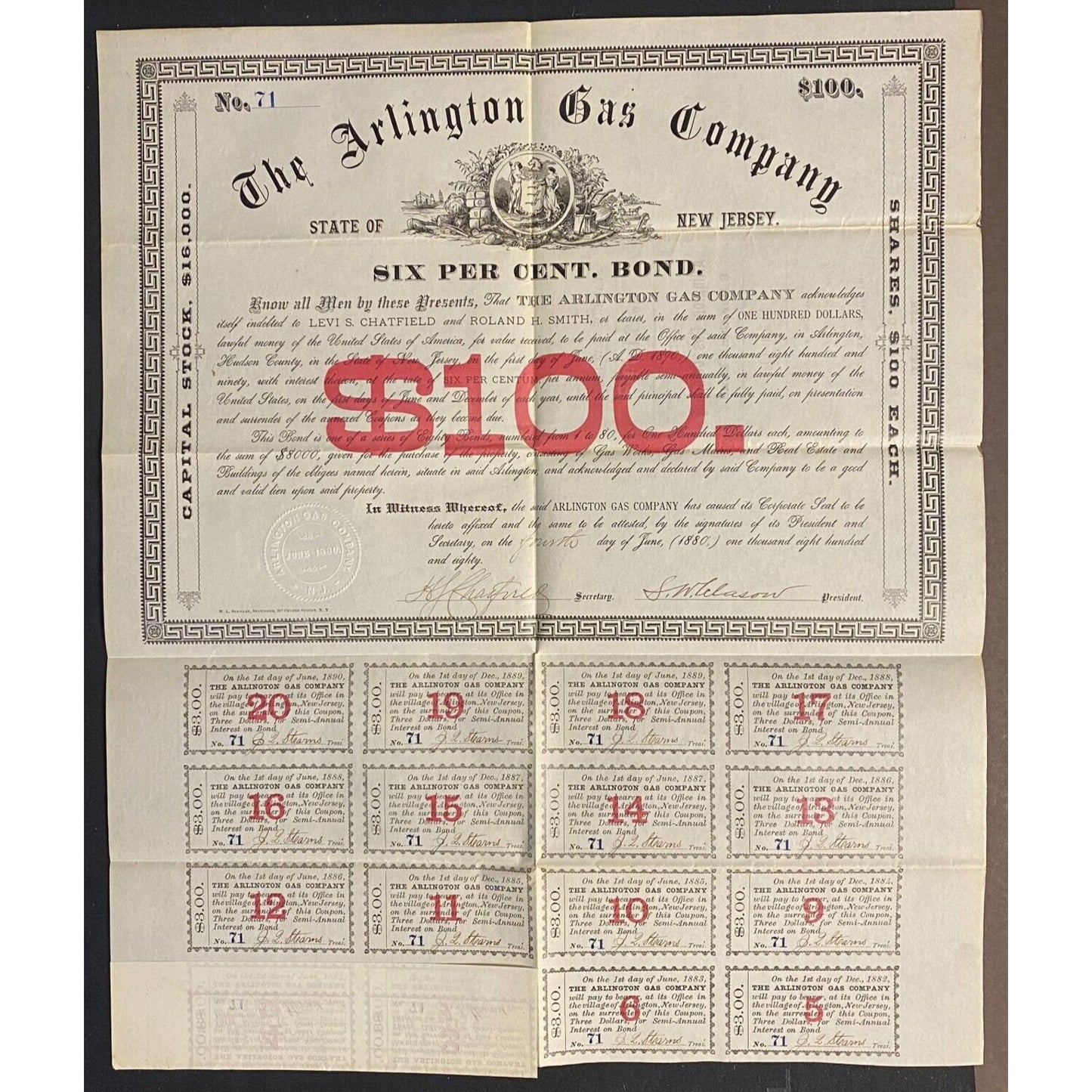 Arlington Gas Company New Jersey 1880 $100 Bond Certificate Scarce VGC