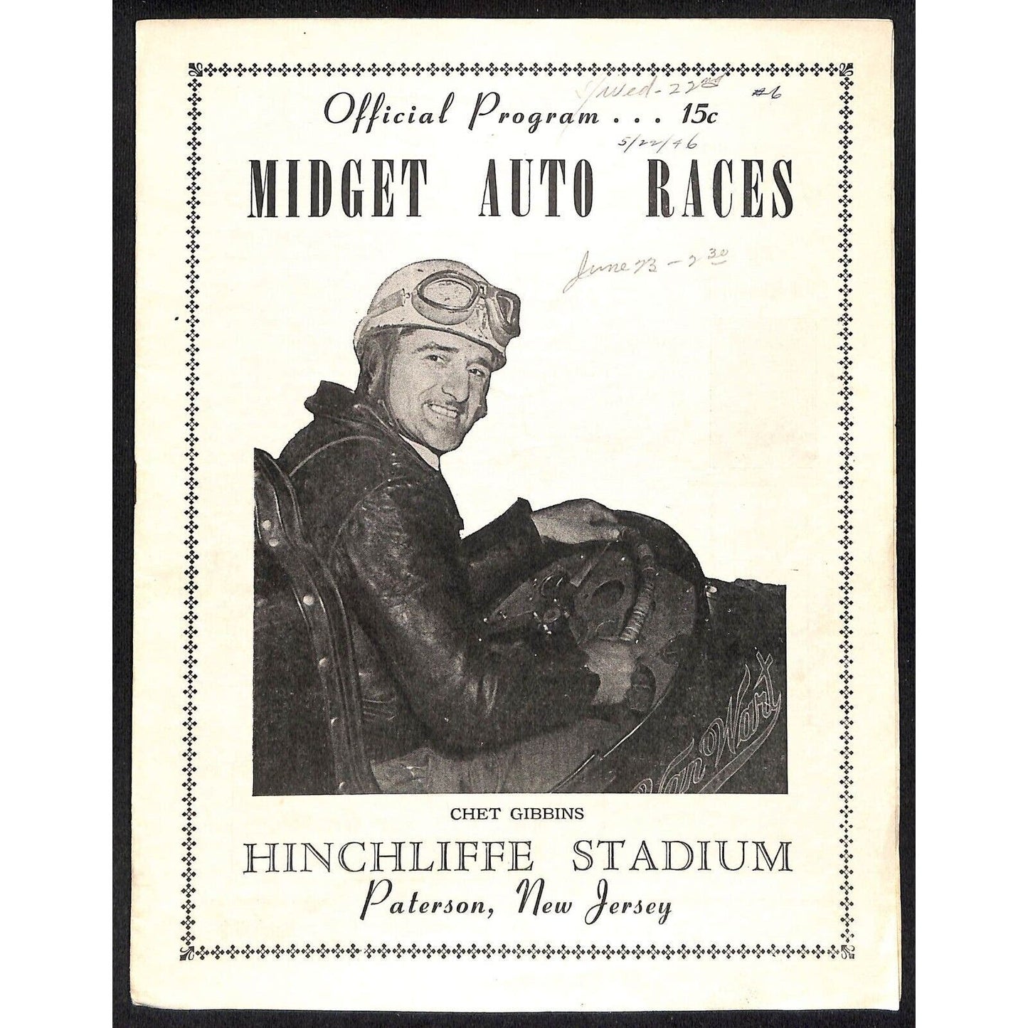 Hinchliffe Stadium Midget Auto Races 5/22/1946 Program Chet Gibbins 4pp Scarce