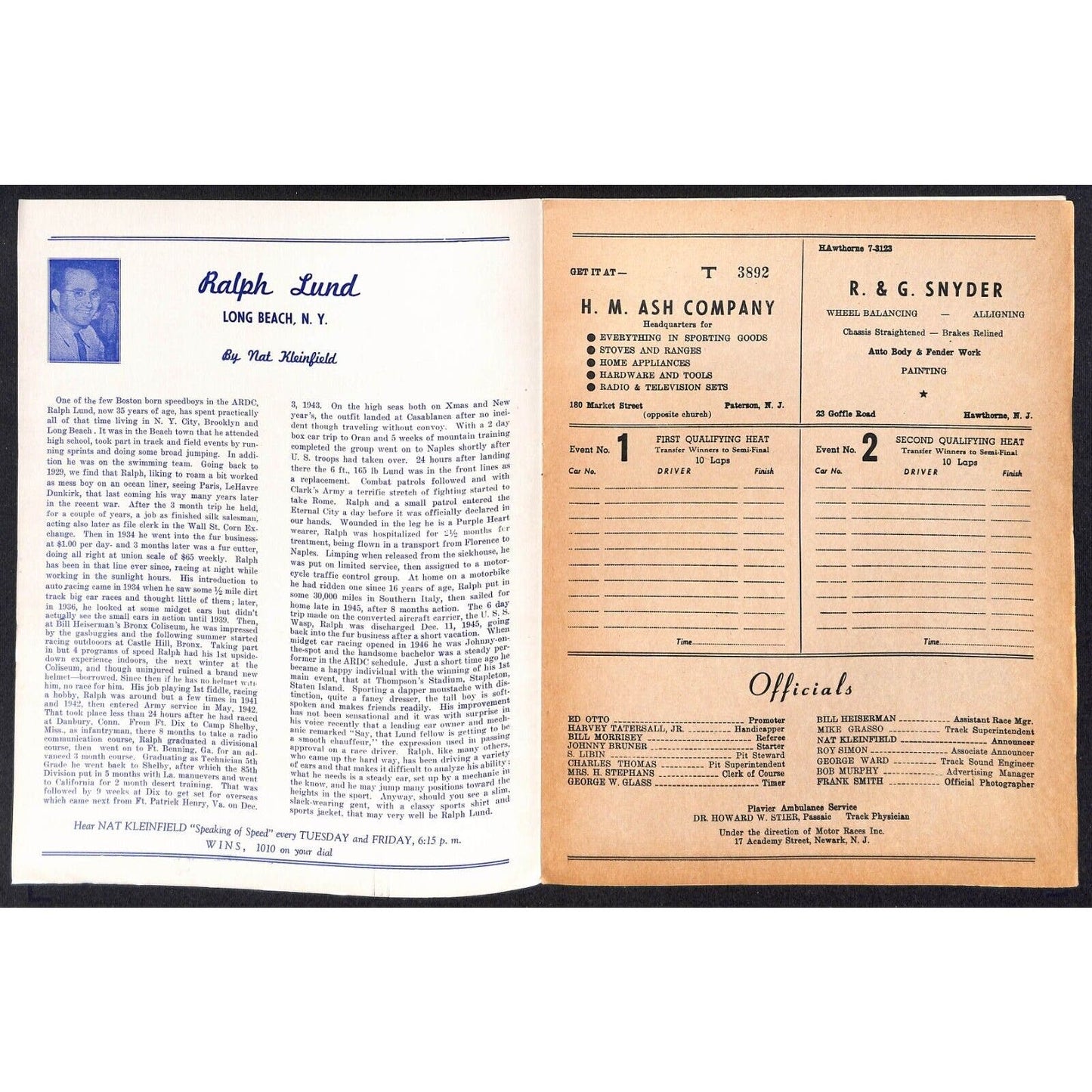 Hinchliffe Stadium Midget Auto Races 8/5 1947 Program Ralph Lund 4pp VGC