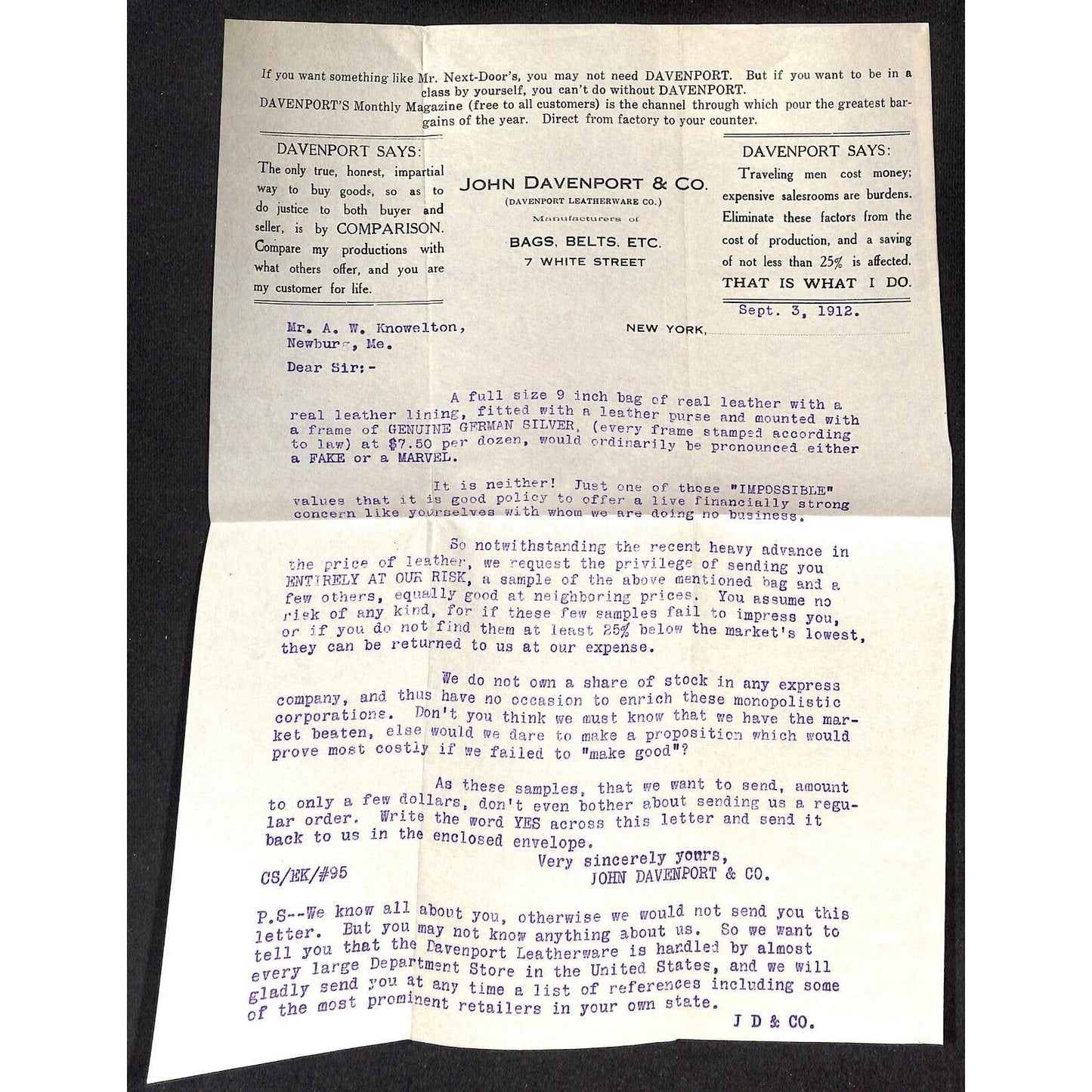 John Davenport Leatherware 7 White St. NYC Letterhead & Cover Knowlton*