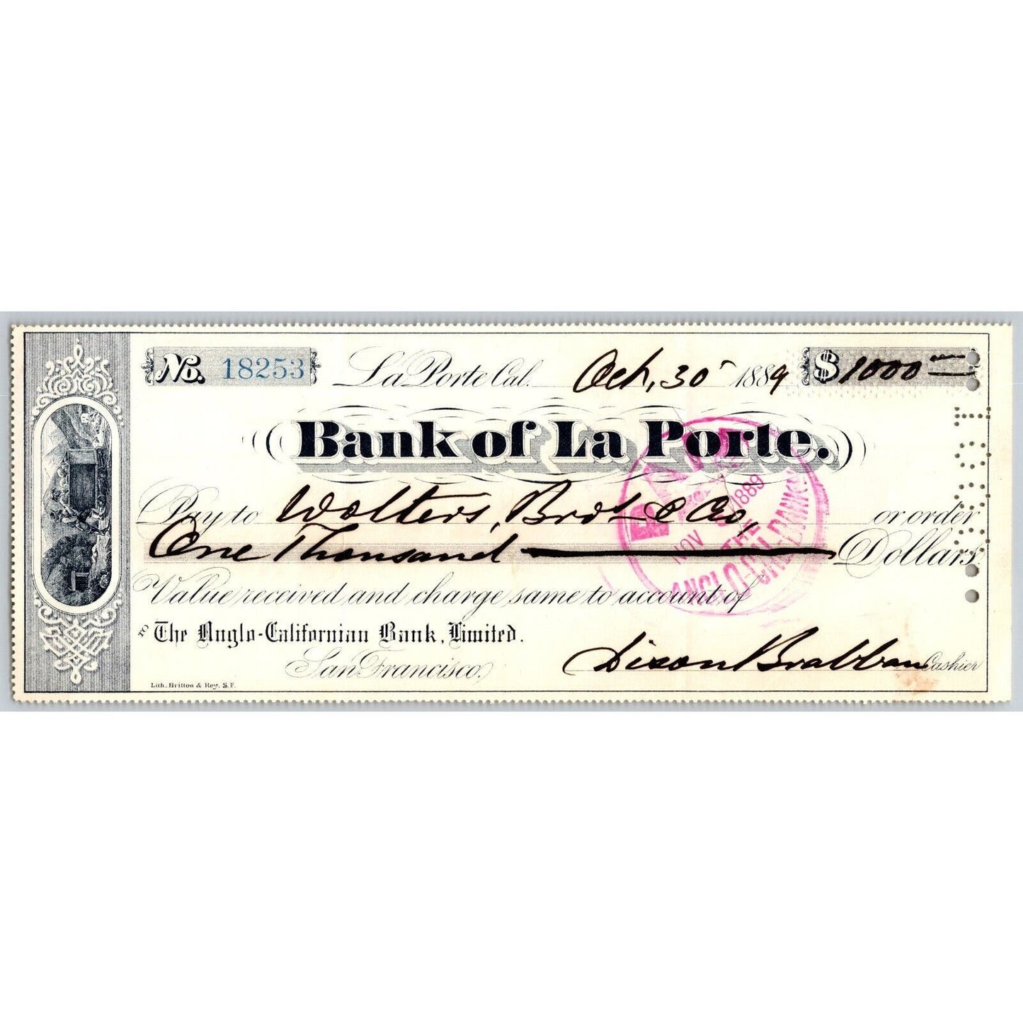 Bank of La Porte Check Walters, Bros. & Co.* 1889 Mining Vignette #18253