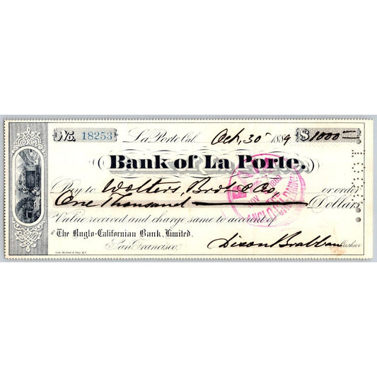 Bank of La Porte Check Walters, Bros. & Co.* 1889 Mining Vignette #18253