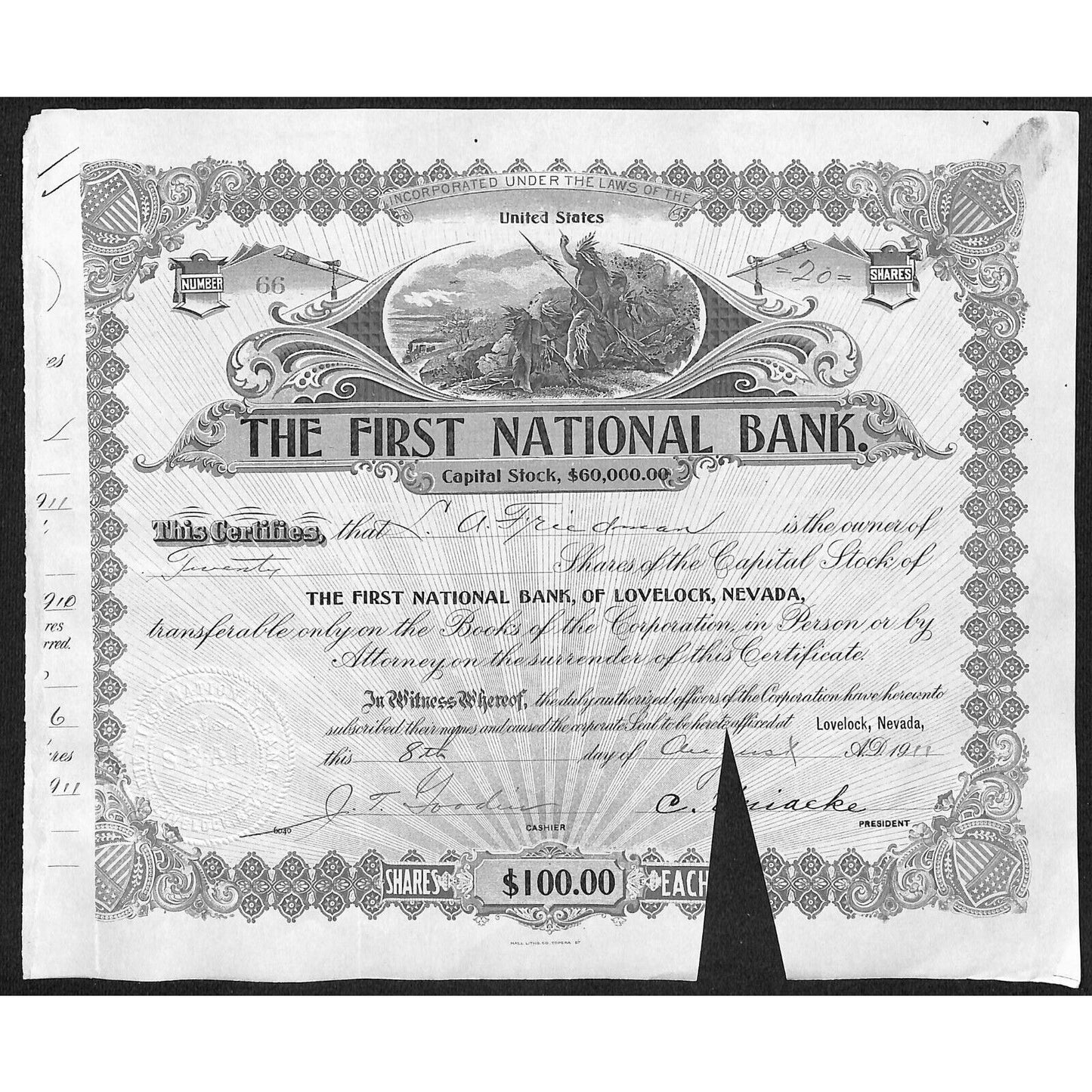 First National Bank of Lovelock, NV 1911 Stock Certificate to L.A. Friedman *