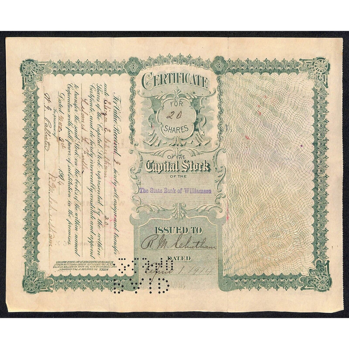 State Bank of Williamson NY 1917 Stock Certificate R.M. Leheel??? Scarce