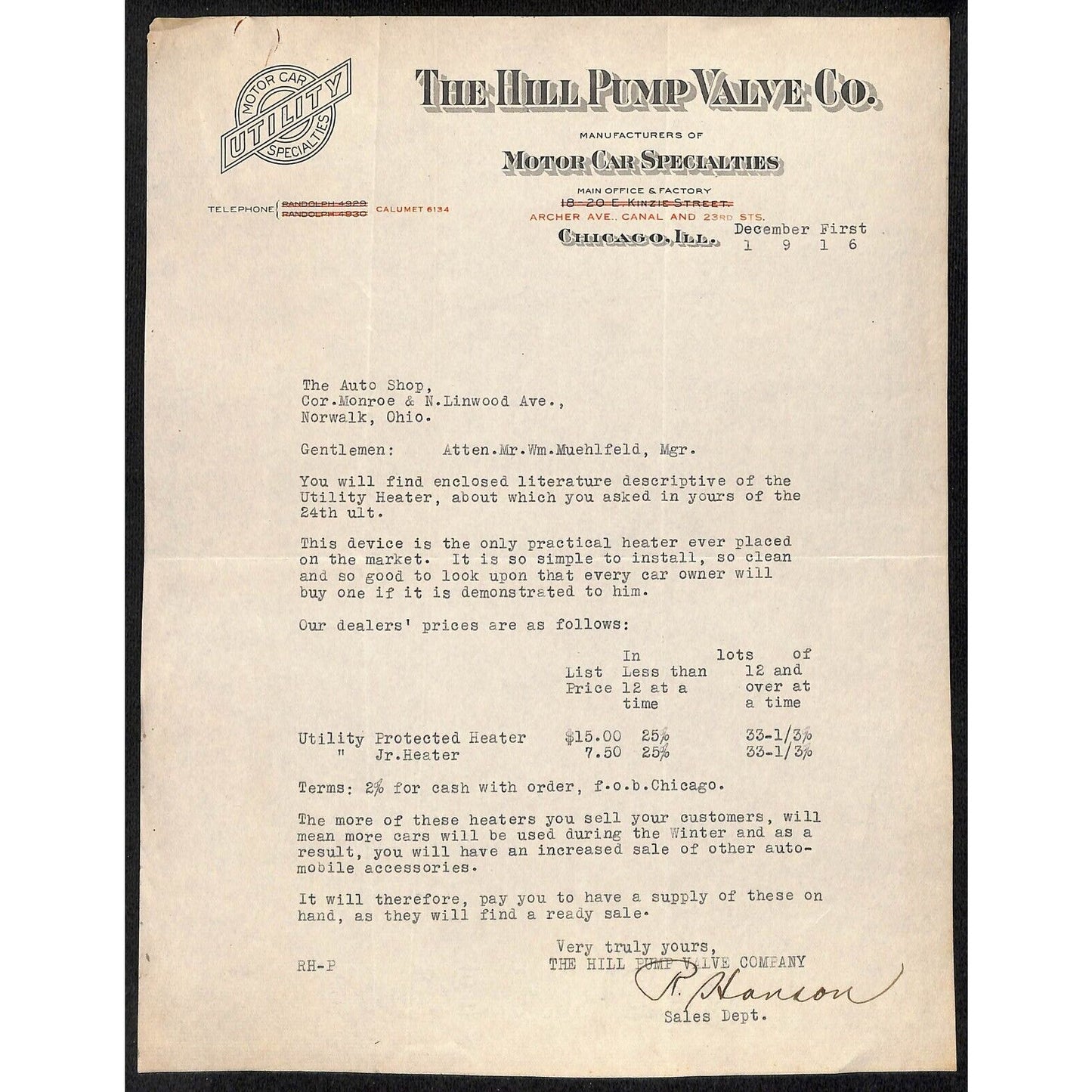 Hill Pump Valve Co. Motor Car Specialties Chicago 1916 Letterhead re: Heater
