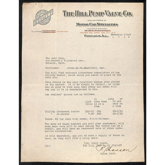Hill Pump Valve Co. Motor Car Specialties Chicago 1916 Letterhead re: Heater