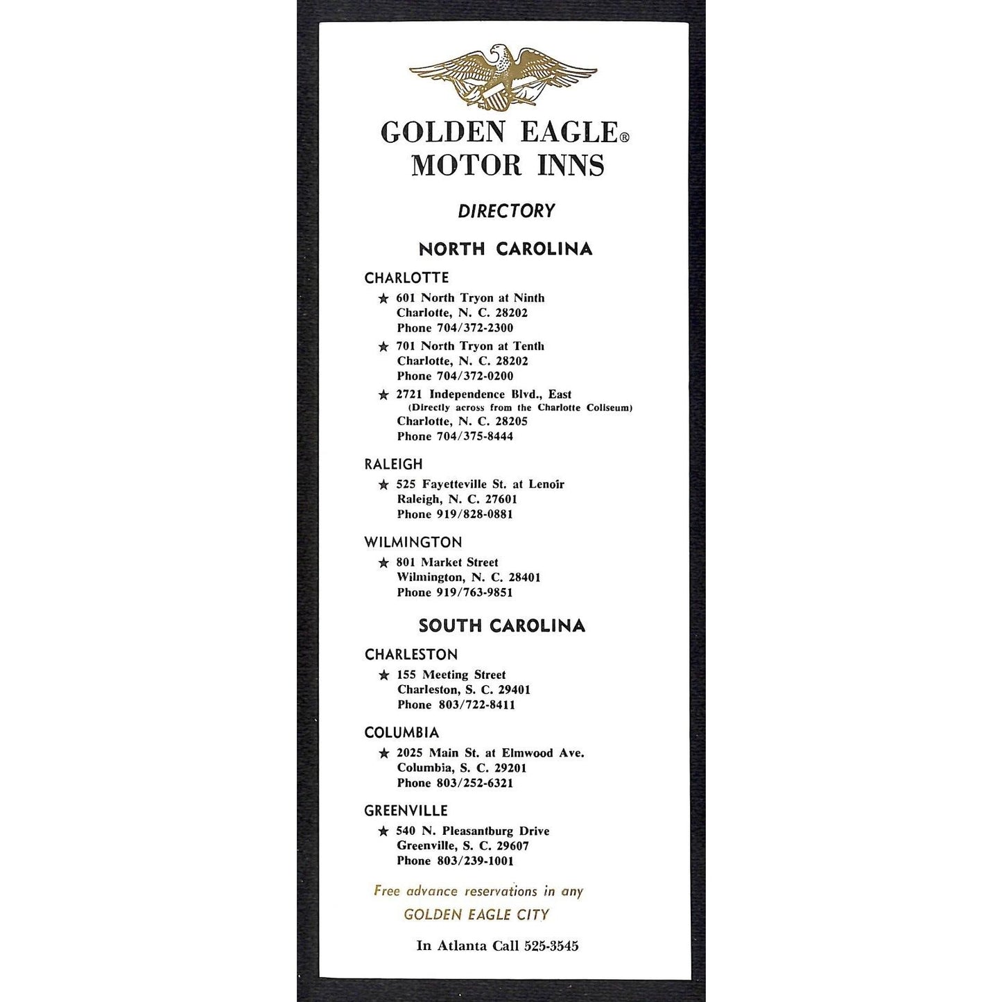 Golden Eagle Motor Inns North South Carolina c1970 Directory Card VGC