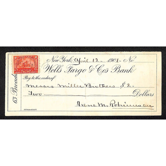 1901 Wells Fargo & Co Bank 63 Broadway NYC Check w/ Rev Stamp - Miller Brothers