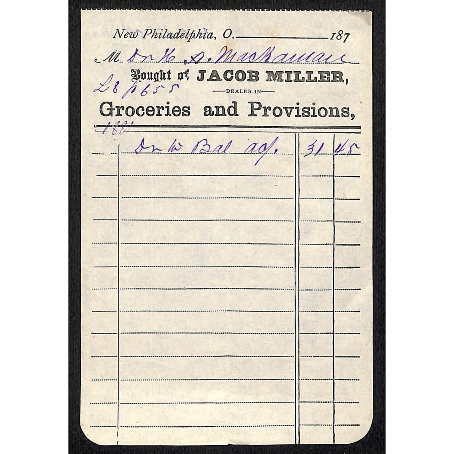 Jacob Miller Groceries Provisions New Philadelphia, OH 1870's Receipt