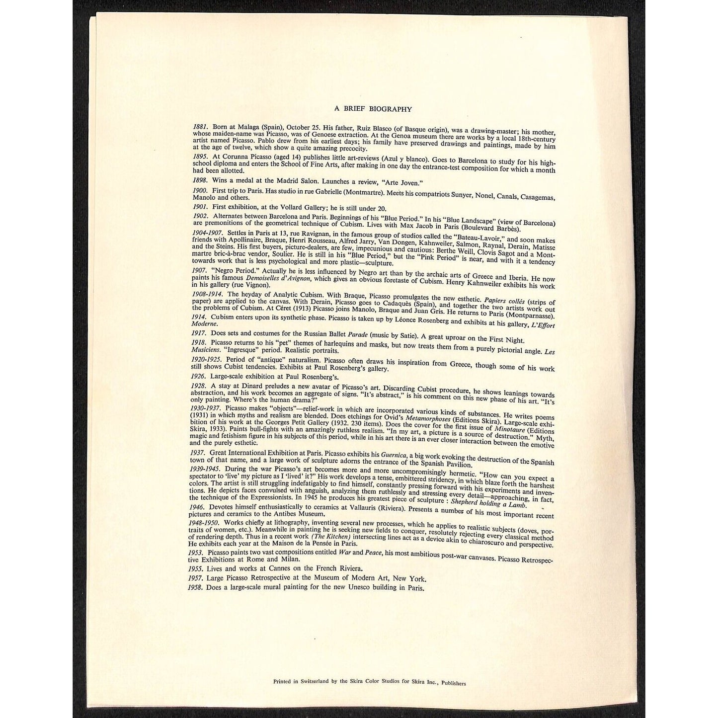 "Skira Inc." Picasso Skira Color Prints w/ Cover & Bio Sheet