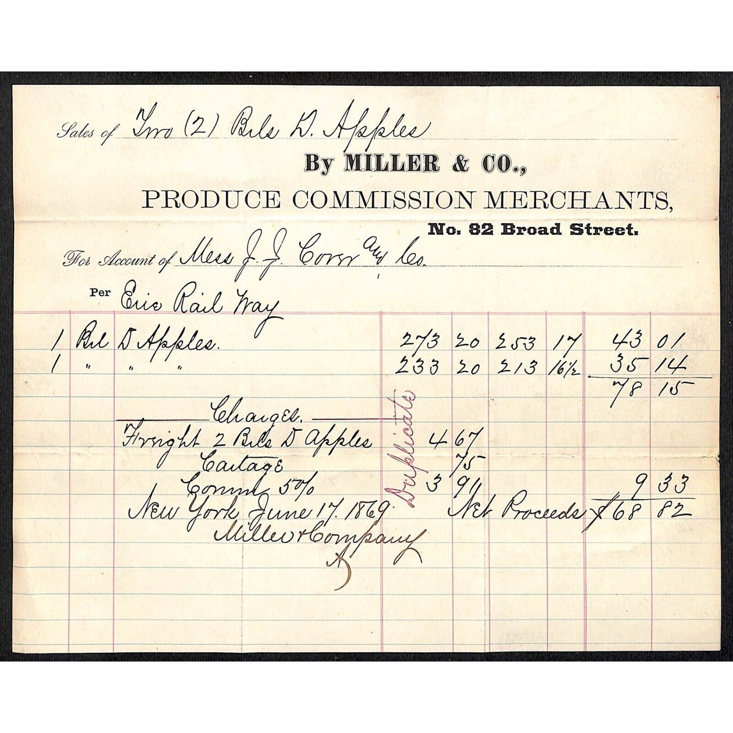 Miller & Co. Produce Merchants Broad St. NYC 1869 J.J. Cover* Apples Billhead