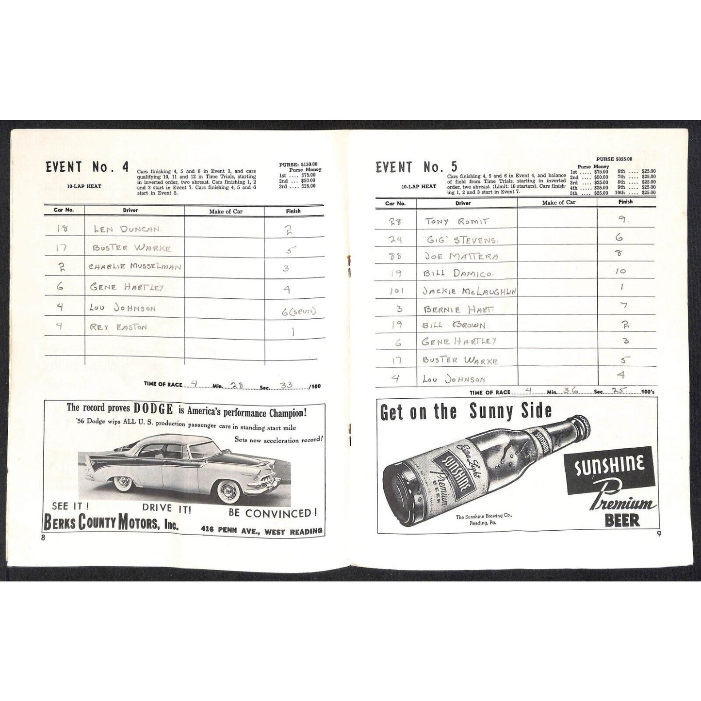 Reading Fairgrounds 1956 USAC Auto Race Program Half Mile 12pp* Scarce