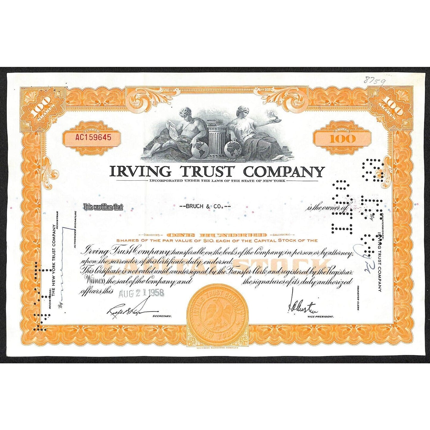 Irving Trust Company NY 1958 Stock Certificate to: Bruch & Co. #159645
