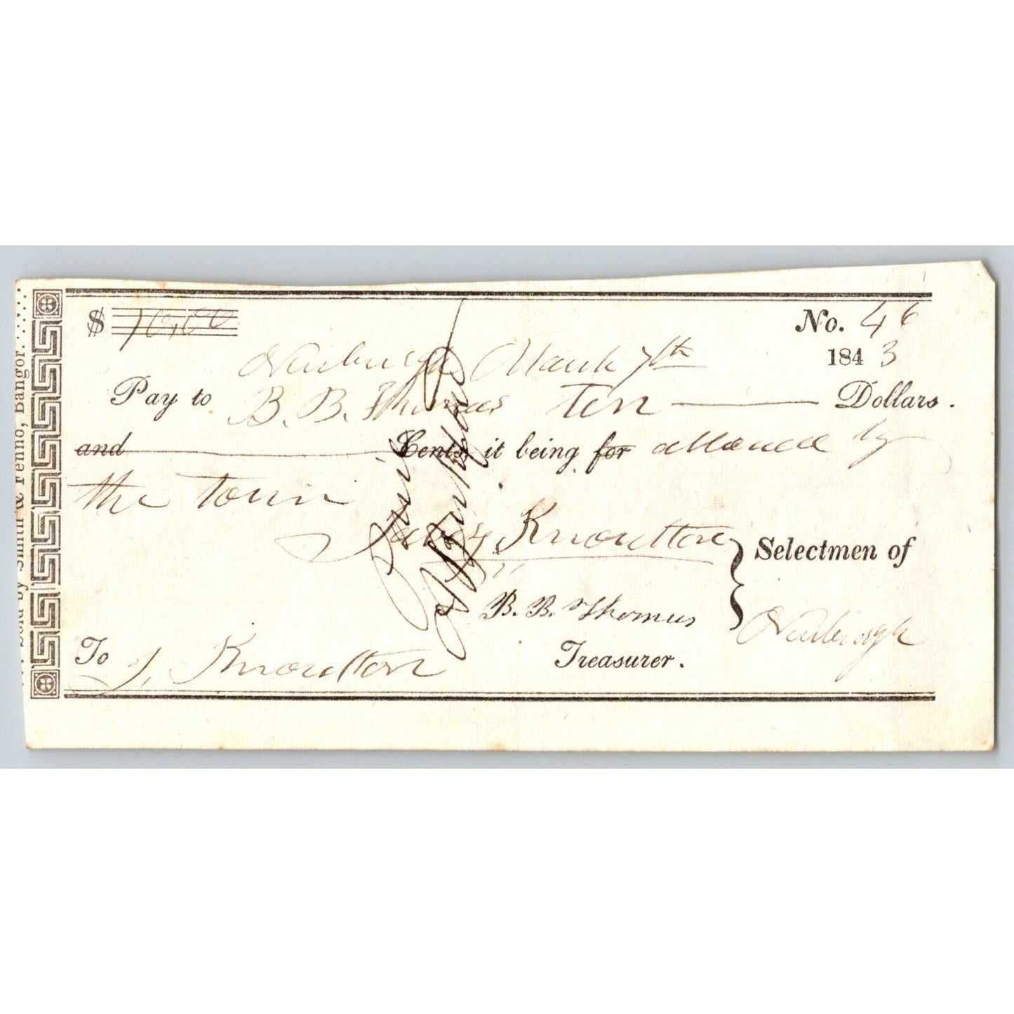 1843 Jabez Knowlton* Newburgh ME Town Check to B.B. Frances ?