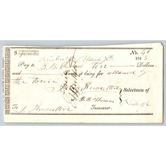 1843 Jabez Knowlton* Newburgh ME Town Check to B.B. Frances ?