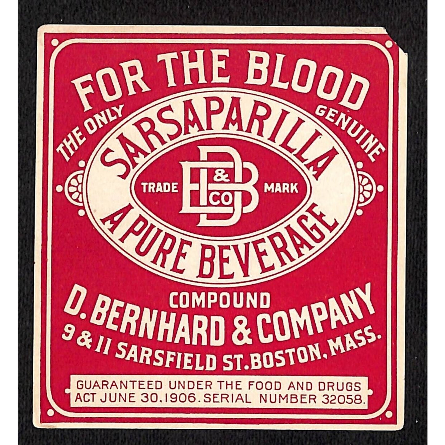 D. Bernhard & Company Sarsaparilla Compound Boston c1910's-20's - Scarce