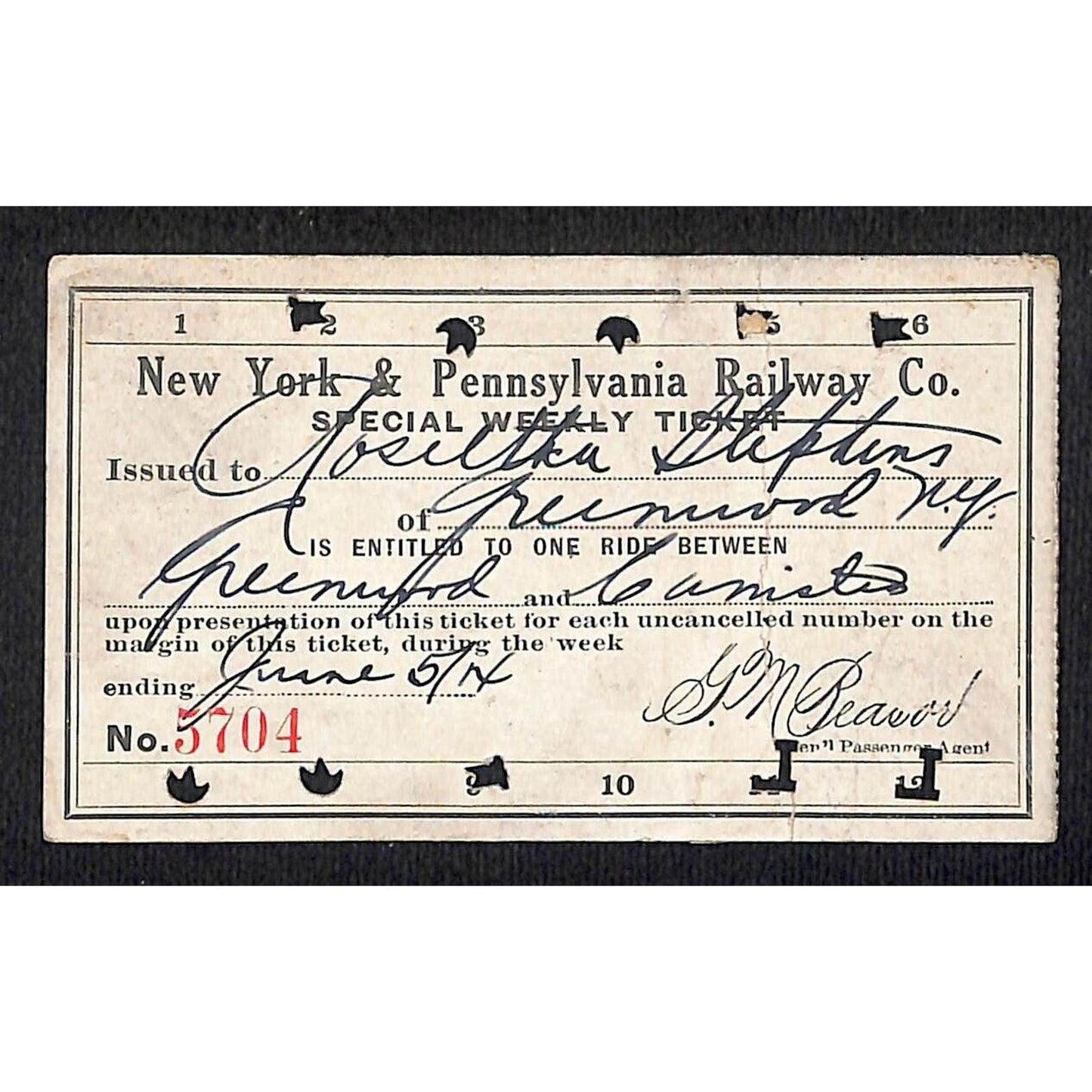 New York & Pennsylvania Ry 1914 Special Weekly Ticket Scarce #5704