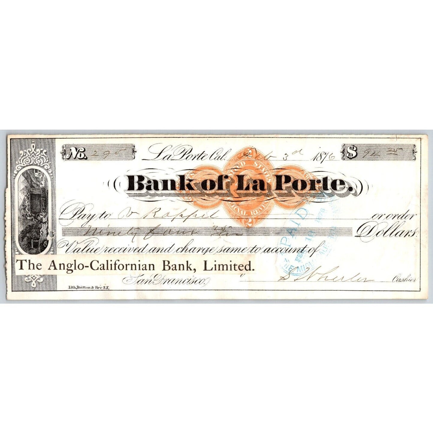 Bank of La Porte Check R. Koppil ? 1876 Mining Vignette RN-G1 Rev Stamp #295