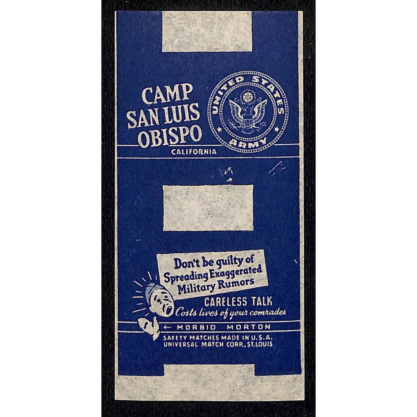 Camp San Luis Obispo CA WWII Matchbox Label Morbid Morton Careless Talk Scarce
