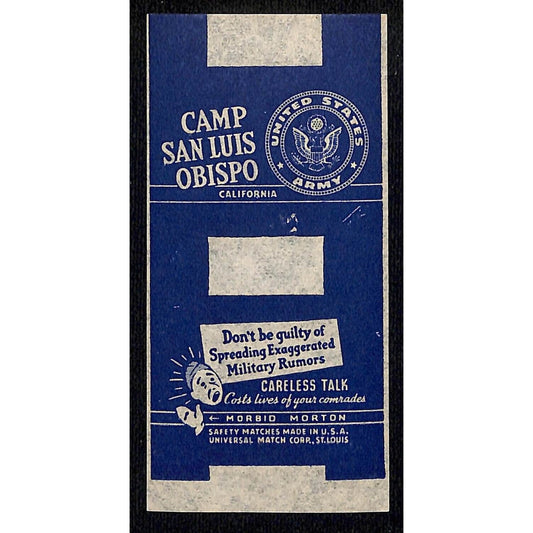 Camp San Luis Obispo CA WWII Matchbox Label Morbid Morton Careless Talk Scarce