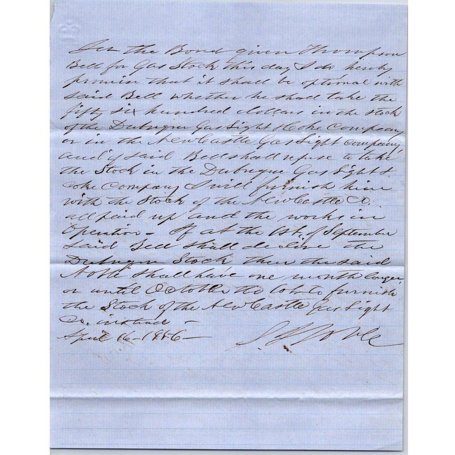 1886 Partial ? Correspondence Letter re: Dubuque Gas & Light Co. (Iowa?)