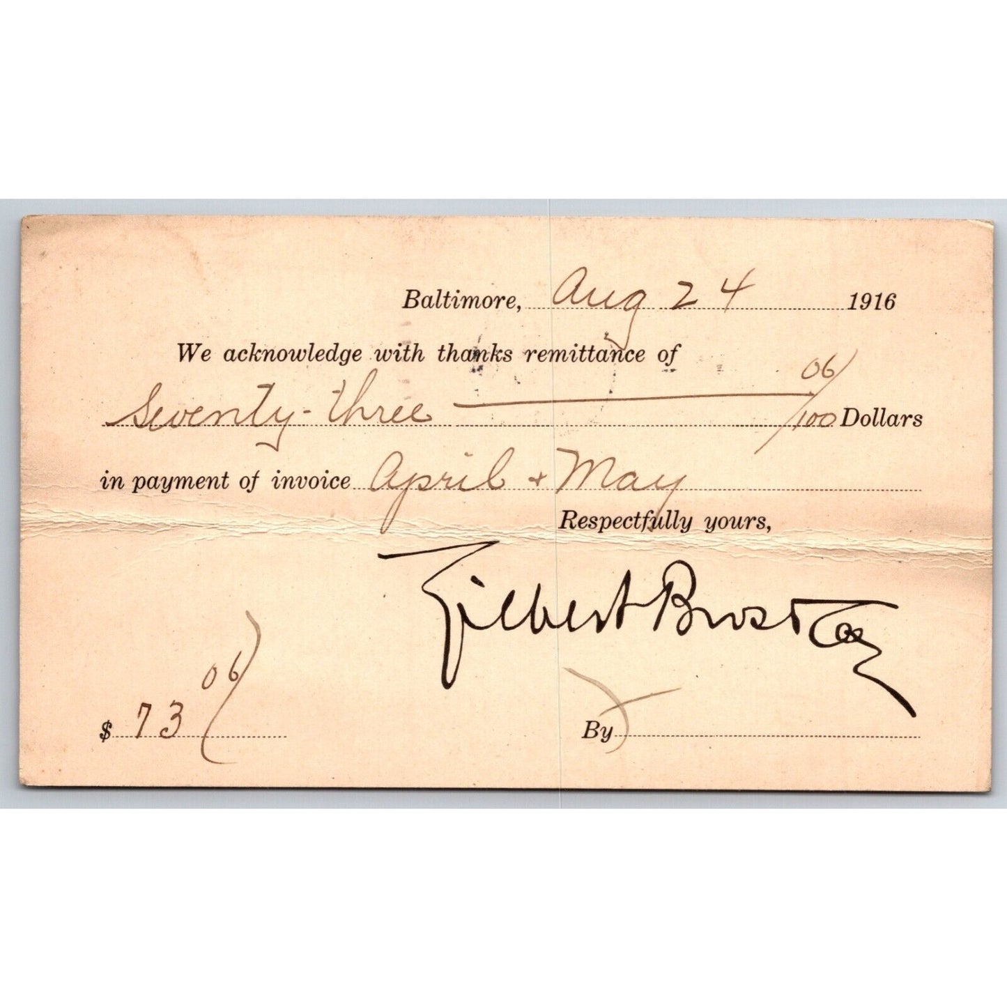 Gilbert Power Co. Baltimore, MD 1916 Payment Receipt Postcard