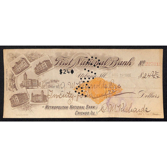 FNB Urbana, IL $24 1900 Bank Check Revenue Stamp w/ University Bldg. Vignettes