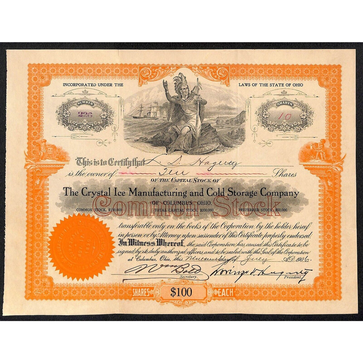Crystal Ice Manufacturing and Cold Storage Co. Columbus 1906 Stock Certificate