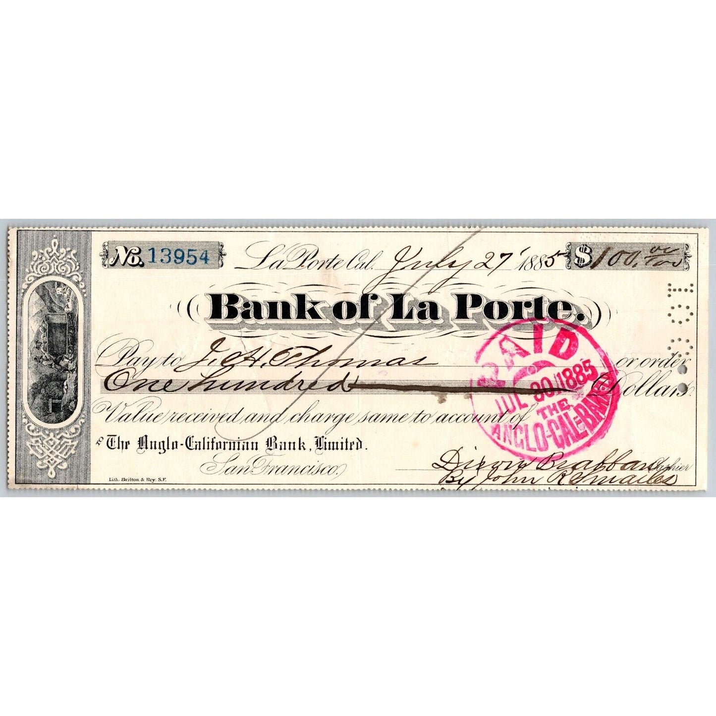 Bank of La Porte Check J.H. Thomas 1885 Mining Vignette #13954
