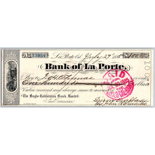 Bank of La Porte Check J.H. Thomas 1885 Mining Vignette #13954