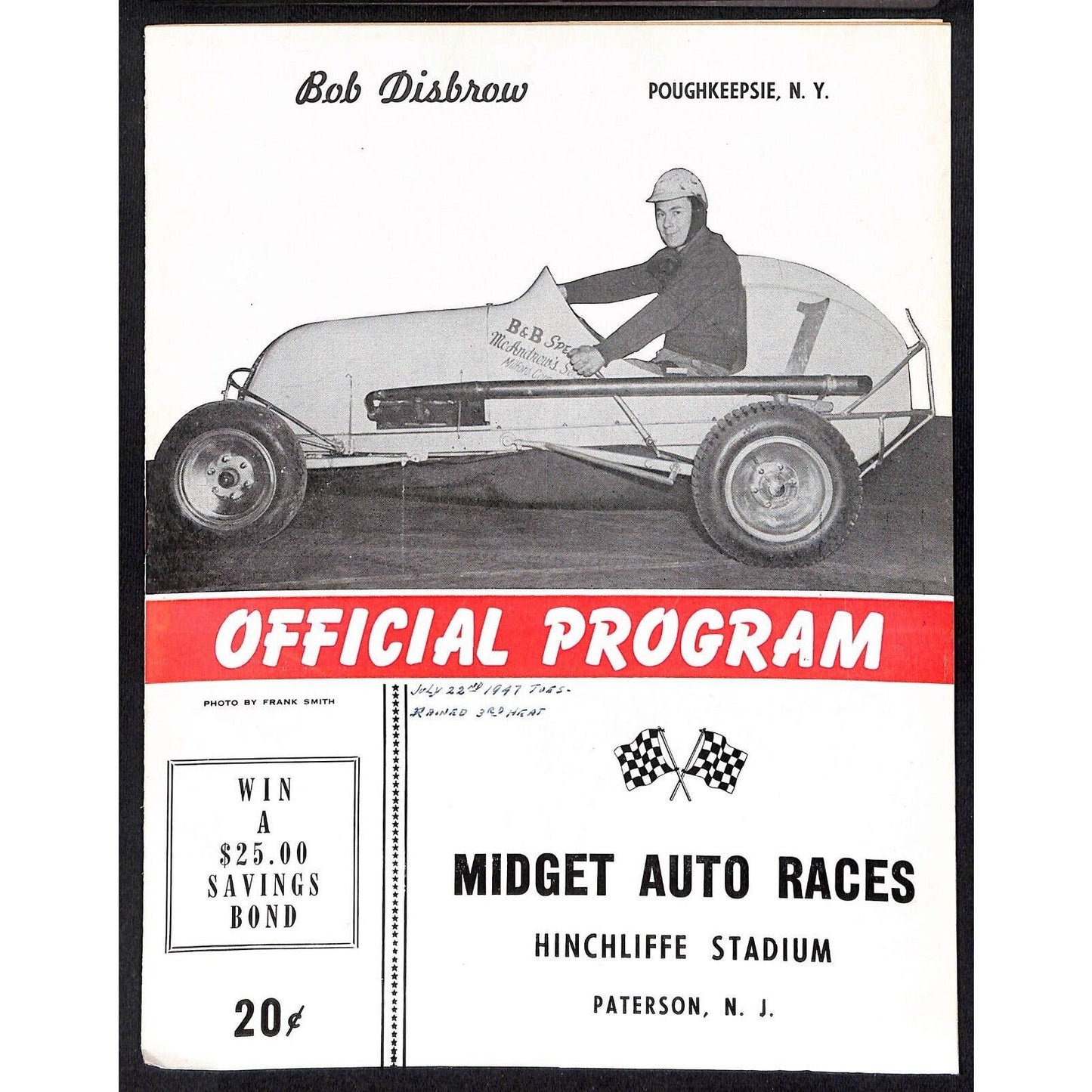 Hinchliffe Stadium Midget Auto Races 7/22 1947 Program Bob Disbrow 4pp VGC