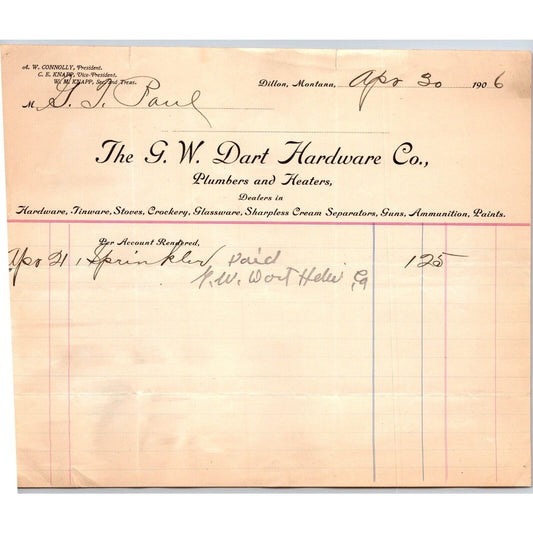 Dillon, MT G.W. Dart Hardware Co. Plumbers Heaters Apr. 1906 Billhead G.T. Paul*