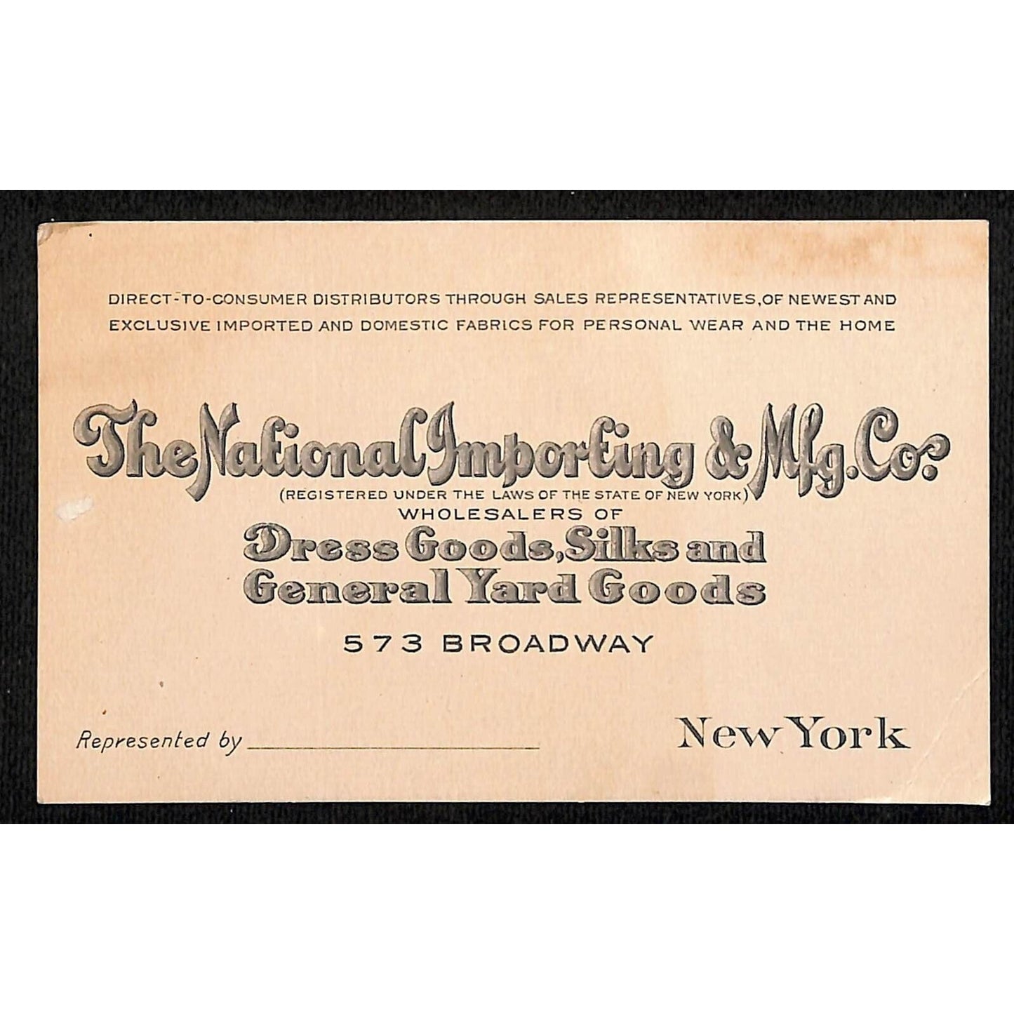 National Importing & Mfg. Co. Dress Goods 573 Broadway c1926 NYC Business Card