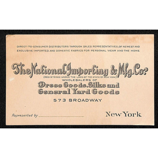 National Importing & Mfg. Co. Dress Goods 573 Broadway c1926 NYC Business Card